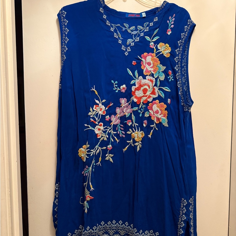 Jonny Was Size XL blue Embroidered Flowers+ sleeveless Tunic Top w/ Side Slits - Picture 5 of 9